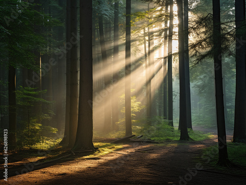 A dense and mystical forest  with rays of sunlight filtering through the tall trees