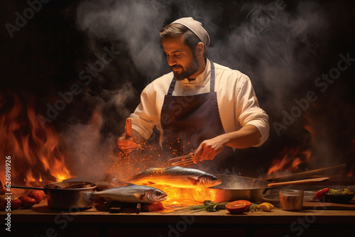 A chef, from behin standing in front of a roaring flame, expertly searing a piece of fish on a hot pan, with various spices and herbs on a nearby rack. Generative AI