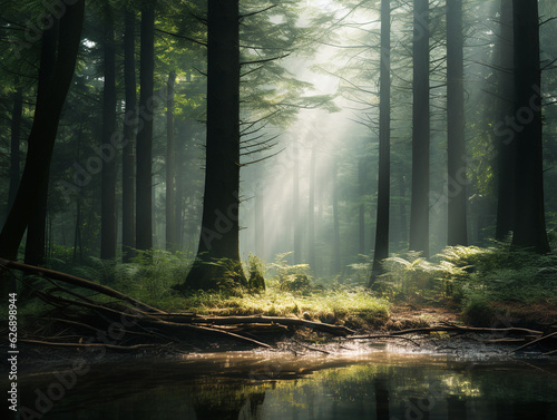 A dense and mystical forest  with rays of sunlight filtering through the tall trees