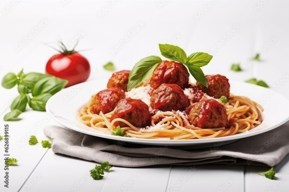 Plate of italian spaghetti and meatballs covered with tomato sauce on white wooden table Plate of italian spaghetti and meatballs covered with tomato sauce on white wooden table