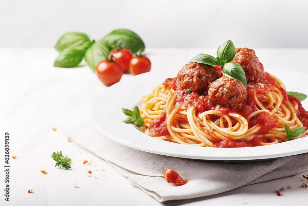 Plate of italian spaghetti and meatballs covered with tomato sauce on white wooden table Plate of italian spaghetti and meatballs covered with tomato sauce on white wooden table