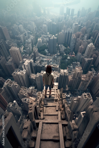 View from the top of a city skyline, in the style of gravity-defying architecture, cryptidcore, street photography vibe, dazzling cityscapes, fusion of east and west, terraced cityscapes,Ai generative
