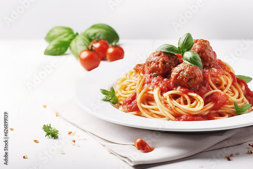 Plate of italian spaghetti and meatballs covered with tomato sauce on white wooden table