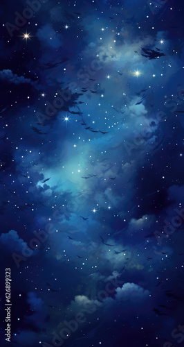A beautiful night sky with clouds and stars, in the style of dark indigo and dark aquamarine, i can't believe how beautiful this is, luminous shadowing Ai generative