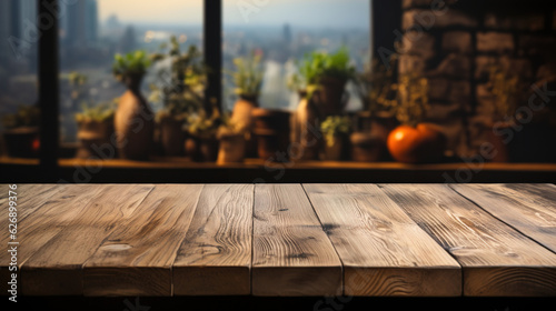 Natural Oak Wooden Table Mockup - Front View of Empty Blank Wood Table, Ideal for Product Placement with a Blurry Background.
