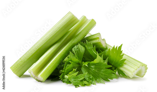Heap of chopped celery stalks on a white background. Isolated