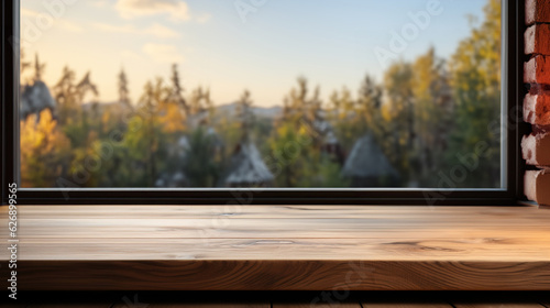 Natural Oak Wooden Table Mockup - Front View of Empty Blank Wood Table, Ideal for Product Placement with a Blurry Background.
