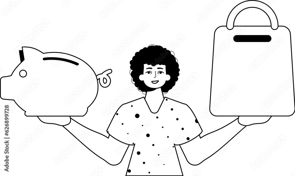 The guy is holding a piggy bank and a denounce cart . black and White linear style. Trendy style, Vector Illustration