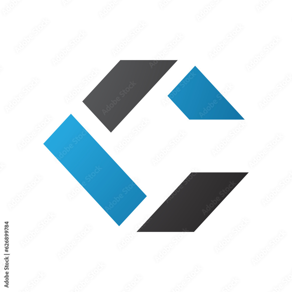 Black and Blue Square Letter C Icon Made of Rectangles