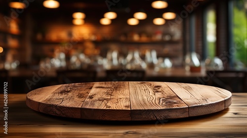 Natural Oak Wooden Table Mockup - Front View of Empty Blank Wood Table, Ideal for Product Placement with a Blurry Background.
