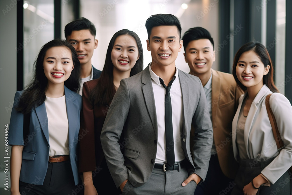 Confident Asian businesspeople in powerful poses, donning business suits, symbolizing a dynamic corporate team. Captivating unity and professionalism. generative AI. Confident Asian businesspeople in powerful poses, donning business suits, symbolizing a dynamic corporate team. Captivating unity and professionalism. generative AI.