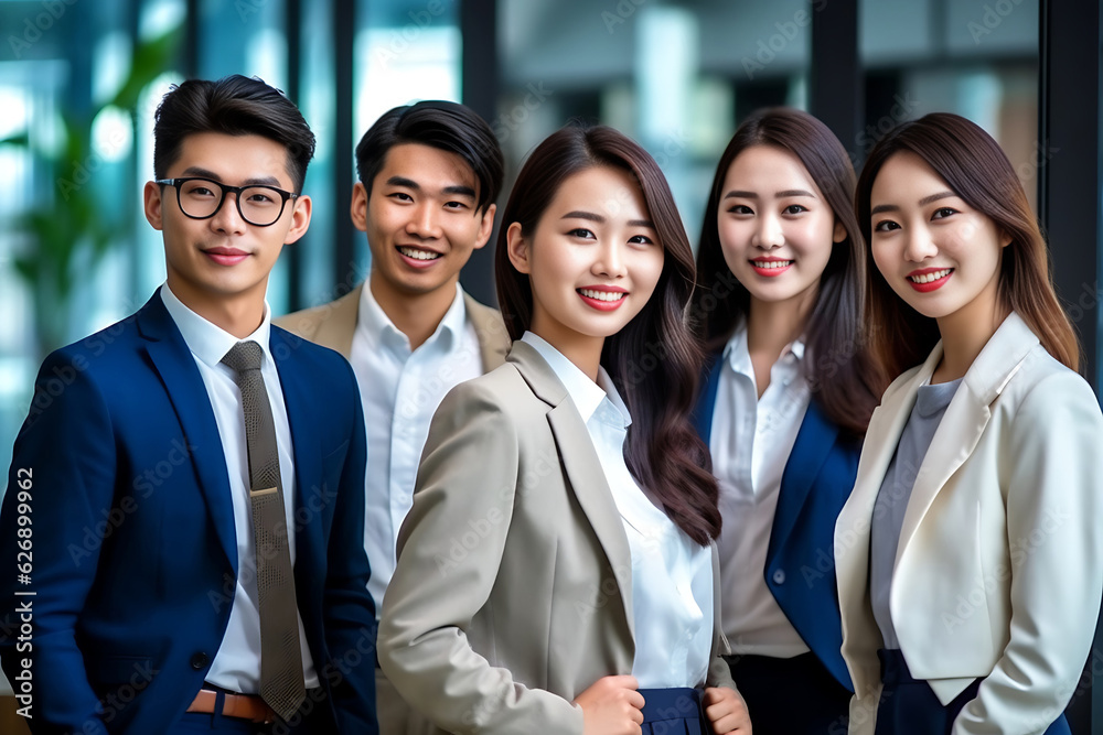 Confident Asian businesspeople in powerful poses, donning business suits, symbolizing a dynamic corporate team. Captivating unity and professionalism. generative AI. Confident Asian businesspeople in powerful poses, donning business suits, symbolizing a dynamic corporate team. Captivating unity and professionalism. generative AI.