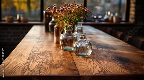 Natural Oak Wooden Table Mockup - Front View of Empty Blank Wood Table, Ideal for Product Placement with a Blurry Background.
