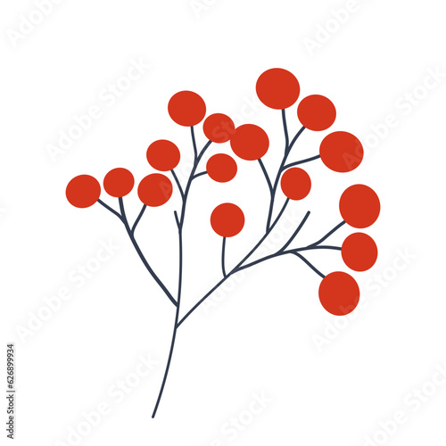 A simple branch with red berries in a flat style. Botanical element on an isolated white background in a simple design.