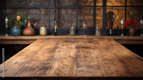 Natural Oak Wooden Table Mockup - Front View of Empty Blank Wood Table, Ideal for Product Placement with a Blurry Background.
