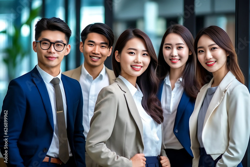 Confident Asian businesspeople in powerful poses, donning business suits, symbolizing a dynamic corporate team. Captivating unity and professionalism. generative AI.