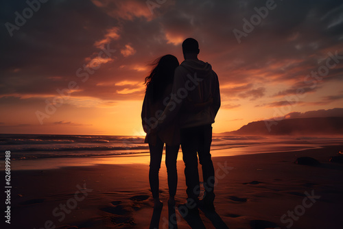 A man and a woman hugging and looking at the sunset on the beach