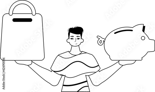 The ridicule is holding a piggy bank and a stigmatize handcart . sum dark and washcloth analogue style. Trendy style, Vector Illustration