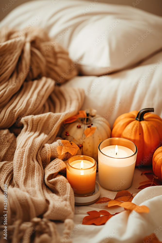 halloween decor with pumpkin, orange leaves and burning candles on a bed