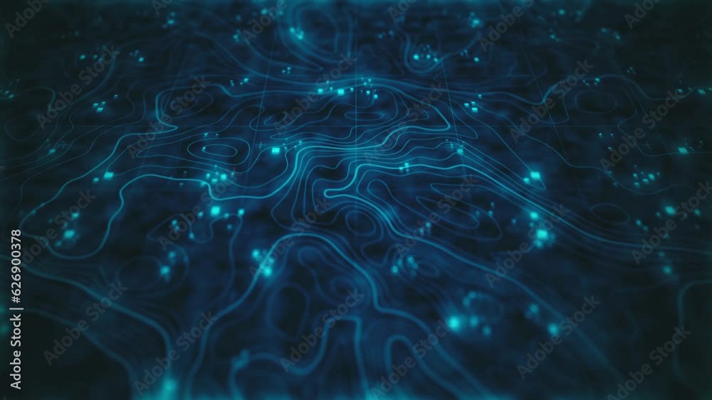 Technology Digital Topographic Landscape Background/ 4k animation of a 3d digital technology background of topographic map exploration with layered outlined terrain relief and depth of field blur