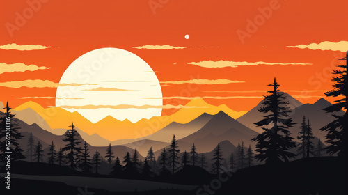 A landscape with forest and mountains at sunset vector, mountain, background, autumn, countryside, sunrise, sunsets, dark yellow and dark orange, dark orange and black, Ai Generative