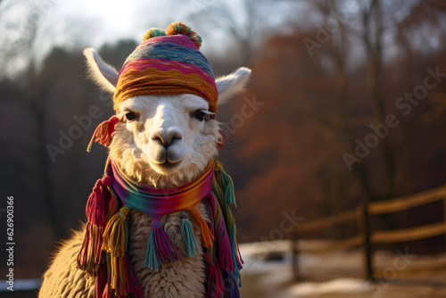 A llama wearing a scarf and a hat photo