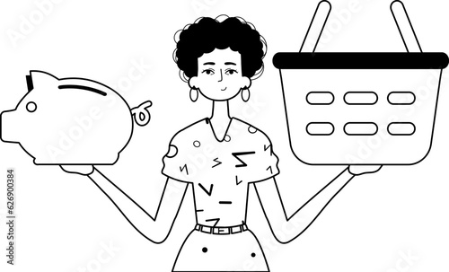 The daughter is holding a hoggish excess share save bank and a stigmatize handcart . bootleg and white analogue stylus. Trendy style, Vector Illustration