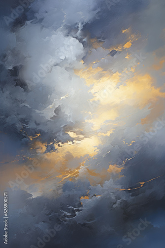 A painting with gold and blue abstract clouds and drips, in the style of dark gray and white, light navy and beige, balanced composition, scattered composition, Ai Generative