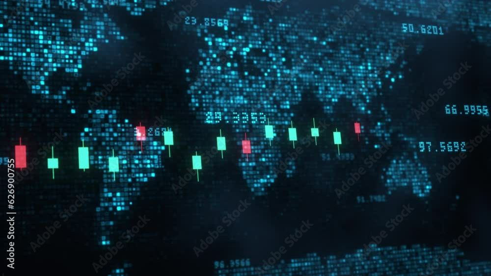 Abstract 3d background with stock market and exchange data of price at market wall. Change and volume. Financial indexes change up and down. Concept of cryptocurrency and bitcoin BTC crypto trading