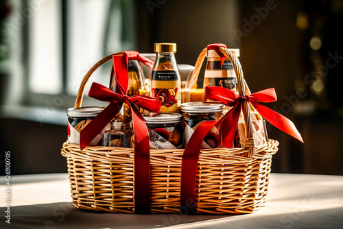 Panier cadeau avec produits du terroir - Coffret cadeau avec produits gastronomiques - Cadeau de fêtes - Générative IA