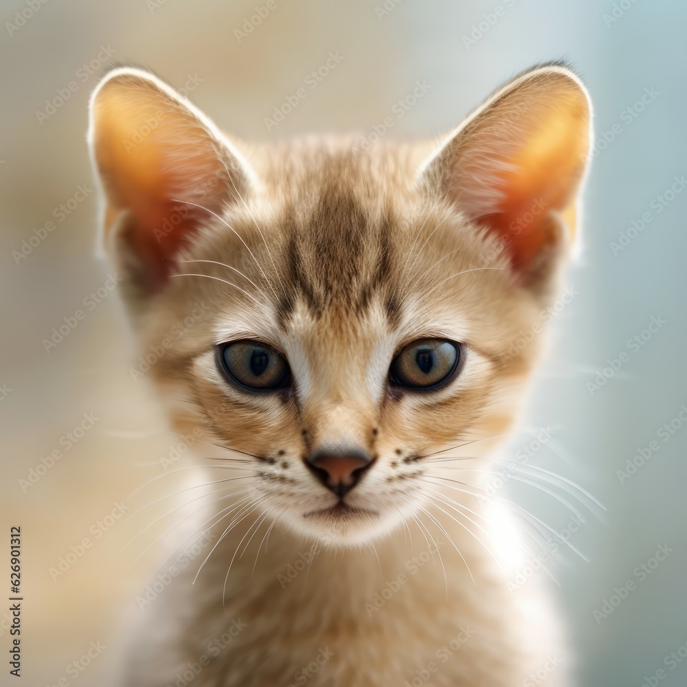 Portrait of a cute cream Chausie kitten looking forward. Closeup face of an adorable Chausie kitty at home. Portrait of a little cat with light red fur sitting in a light room beside a window