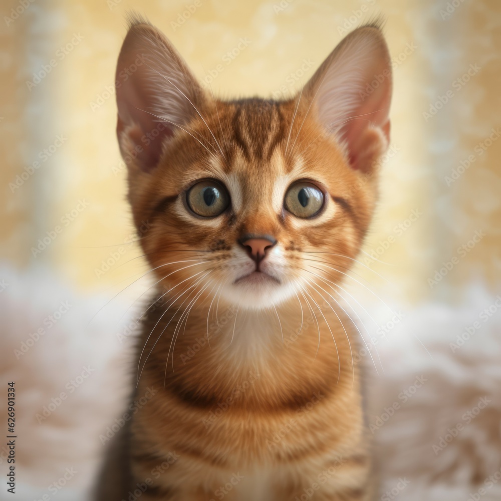 Portrait of a cute brown Chausie kitten looking at the camera. Closeup face of an adorable Chausie kitty at home. Portrait of a little cat with sleek red fur sitting in a light room beside a window