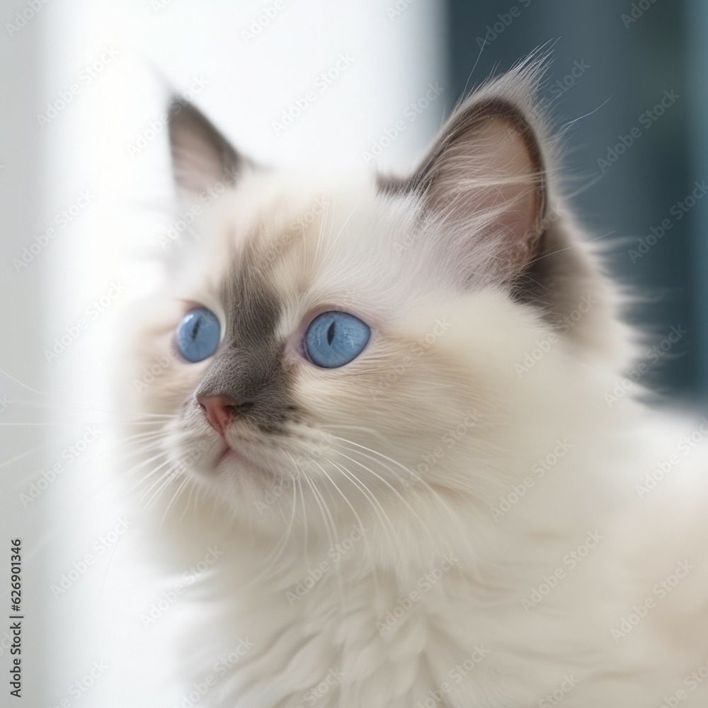 Portrait of a cute blue Ragdoll kitten looking to the side. Closeup face of an adorable blue point Ragdoll kitty at home. Portrait of a little cat with fluffy fur sitting in light room beside a window