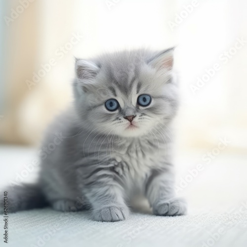 Portrait of a blue Persian kitten sitting in a light room beside a window. Beautiful little Persian kitty at home. Portrait of a young Persian cat with thick fur looking at the camera.