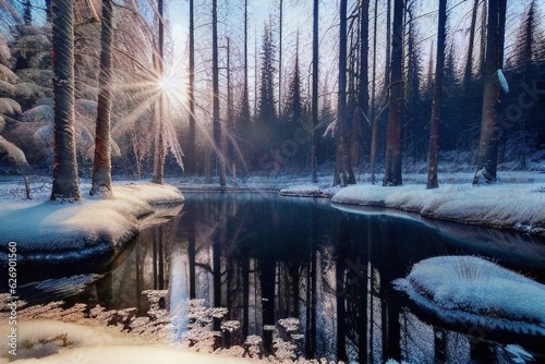 Illustration of frozen taiga forest, winter, small lake. AI art