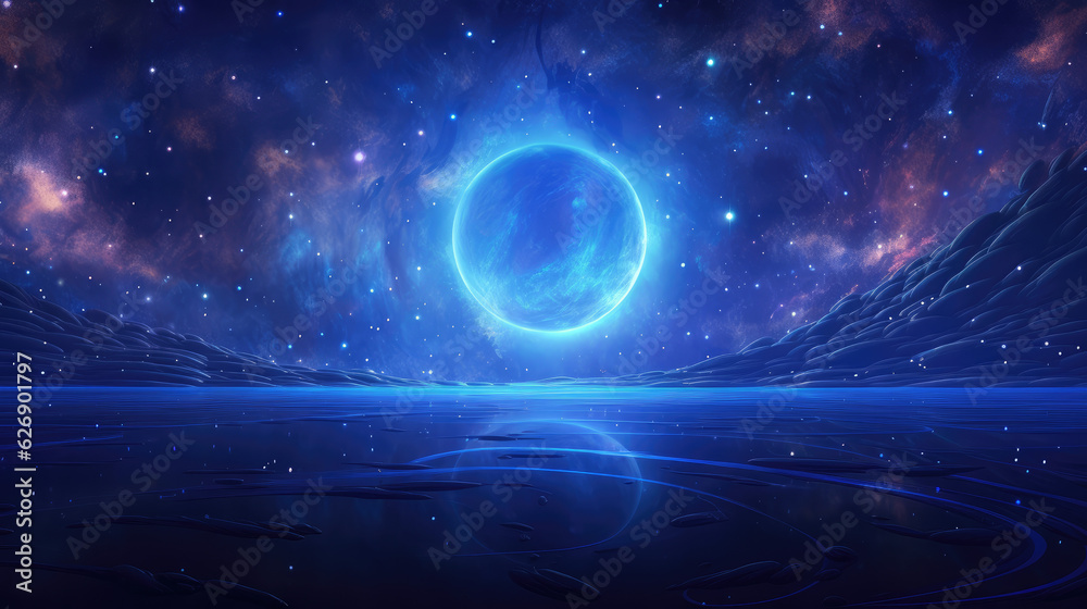 Abstract blue circle in the field of stars, in the style of calm waters, nightcore, spectacular backdrops, mysterious backdrops, nocturne, seapunk Ai Generative