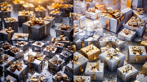 Boites cadeaux argentées avec ruban argenté - Cadeau de Noël - Générative IA