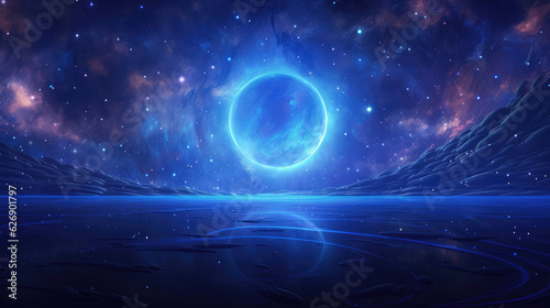 Abstract blue circle in the field of stars, in the style of calm waters, nightcore, spectacular backdrops, mysterious backdrops, nocturne, seapunk Ai Generative