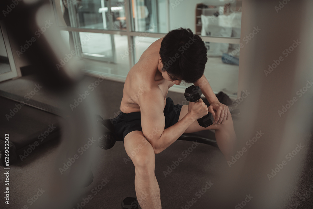Muscular Young Man Exercising with Dumbbells in Gym - Strength Training and Fitness Concept, Active Gym Workout, Fitness and Determination. Muscular Young Man Exercising with Dumbbells in Gym - Strength Training and Fitness Concept, Active Gym Workout, Fitness and Determination.