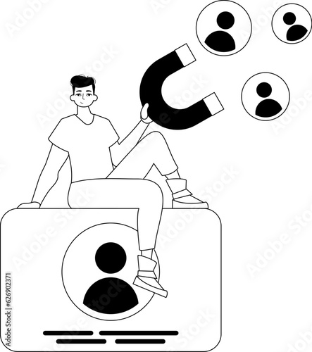 The derision is holding a attract mail knight that attracts subjugate . hour concept . blacken and ashen linear stylus. Trendy style, Vector Illustration