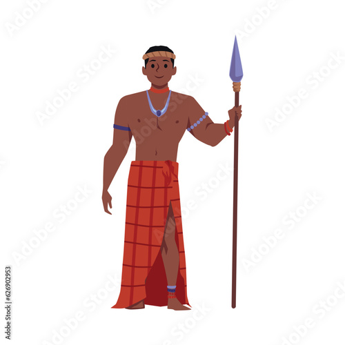 Black man in traditional African clothes holding spear, flat vector illustration isolated on white background.