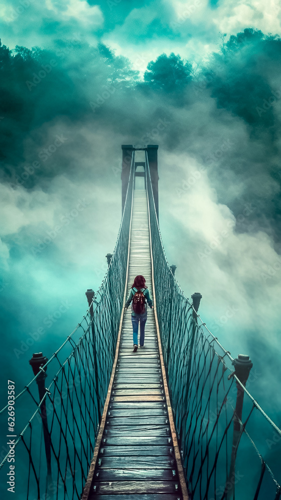 Fototapeta premium Passerelle dans la montagne au dessus de la brume - Générative IA
