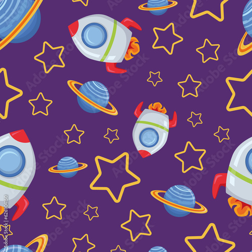 Childish seamless pattern with spaceship and stars. Hand-drawn spatial elements seamless background. Cosmic background. Space doodle illustration. illustration. Seamless background with cartoon space