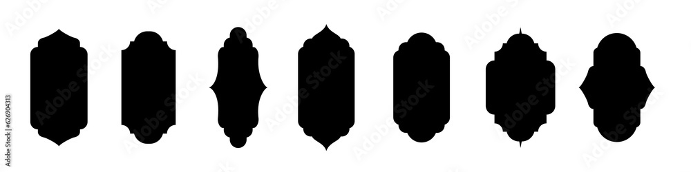 Islam mosque windows and arches set vector illustration. Abstract isolated collection of black frames in different shapes, traditional Arabian design elements and decor for Islam holidays Islam mosque windows and arches set vector illustration. Abstract isolated collection of black frames in different shapes, traditional Arabian design elements and decor for Islam holidays