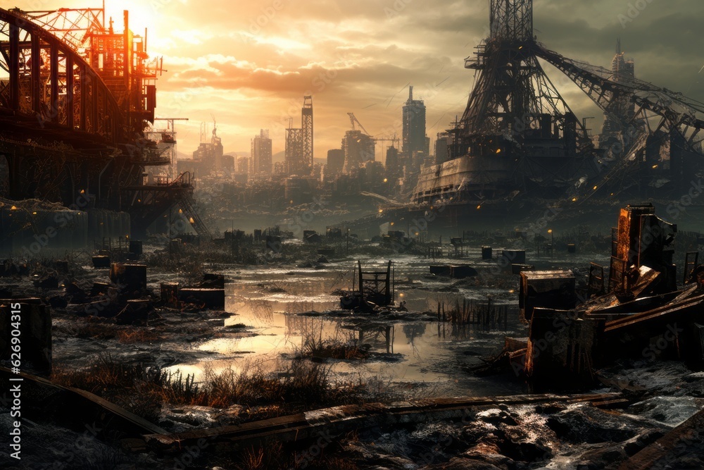 Post apocalyptic world city. Beautiful illustration picture. Generative AI