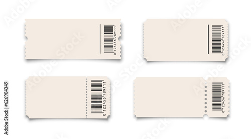 Theater, cinema ticket realistic vector template. Coupon, discount voucher with barcode mockup. Movie, raffle, carnival blank ticket with barcode and text space. Concert, event, festival paper admit