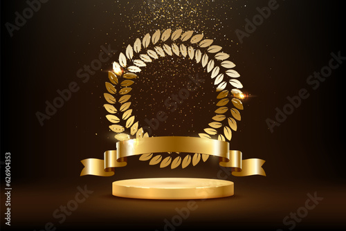 Gold award round podium with circle laurel wreath, ribbon, shiny glitter and sparkles isolated on dark background. Vector golden symbol of victory, achievement, success, rewarding of winner