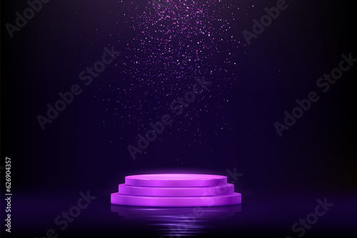 Blue or purple three step podium for product presentation vector illustration. Abstract empty award platform with glitter confetti sparkle rain falling from above background