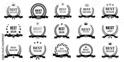 2023 Best seller award stamps set vector illustration. Winners badges with black Best seller text and reward laurel leaves, round wreath with crown, stars and ribbons promotion signs collection