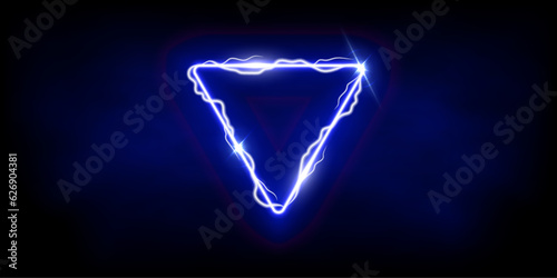 Magic blue triangle of thunder storm blue lightnings. Magic and bright light effects electric border. Plasma frame with thunderbolt electricity lightning power effect on dark fog background